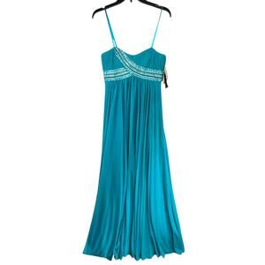 Aidan Mattox Maxi Dress 6 Teal Blue Beaded Rhinestones Ball Gown Prom Occasion